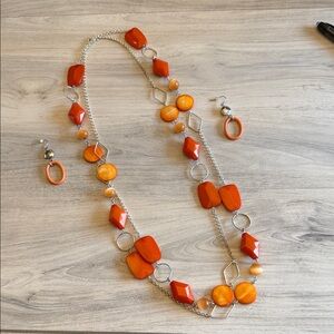 Orange Geometric Necklace and Earring Set